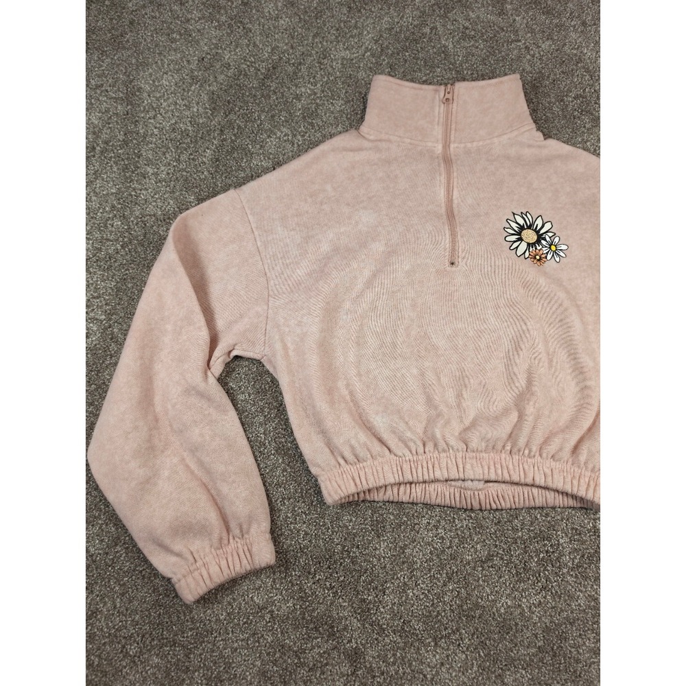 Celebrity Pink Womens Pink Daisy Embroidered Quarter Zip Cropped Fleece Pullover - Picture 14 of 14